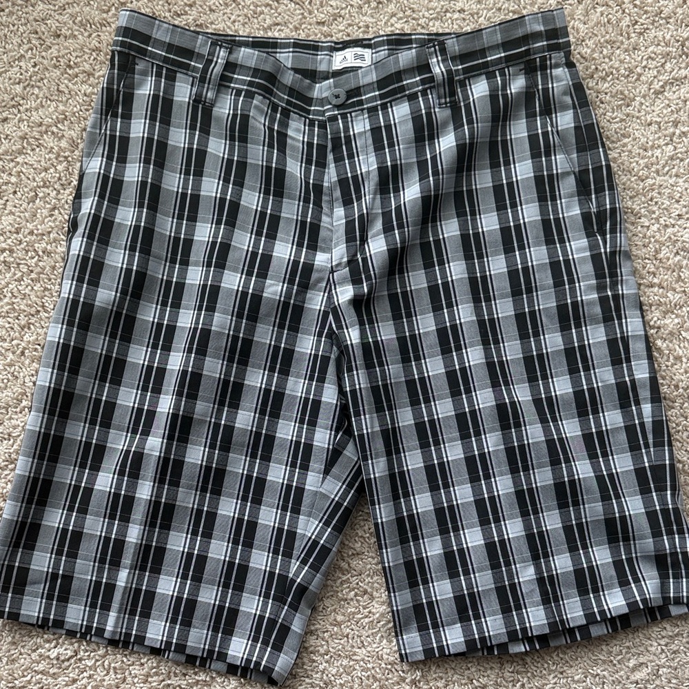 adidas Men's Black and Gray Plaid Flat-Front Shorts
